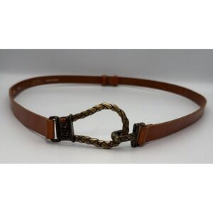 Chicos Belt Italian Leather Brass Tone Size L/M Adjustable Hook Brown Unique